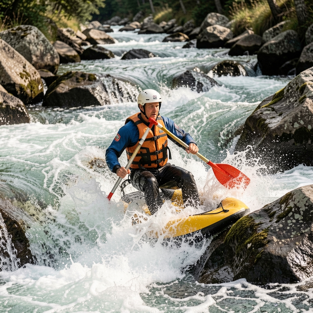 Piragüistas con casco y chaleco salvavidas descendiendo un tramo de aguas bravas entre rocas y espuma blanca