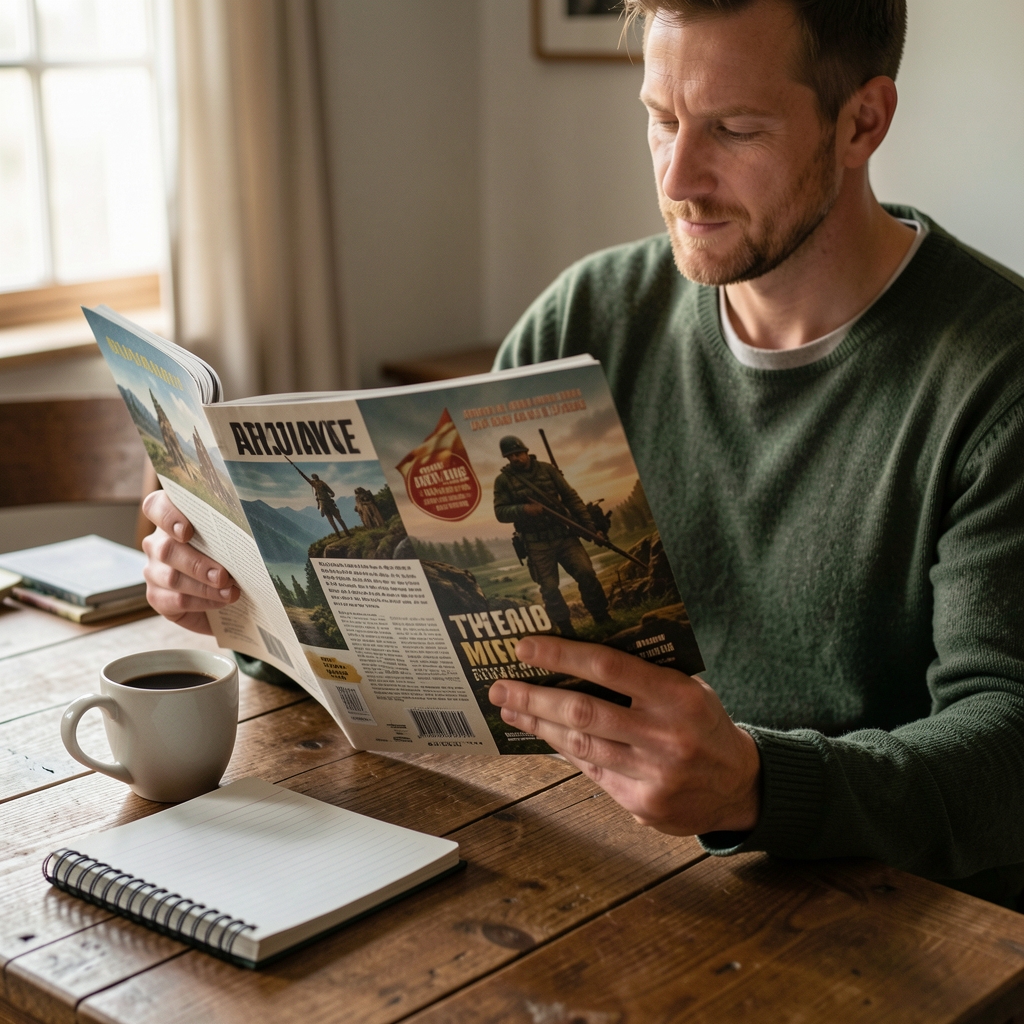 Persona leyendo una revista de aventura en una mesa de madera junto a una taza de café y una libreta