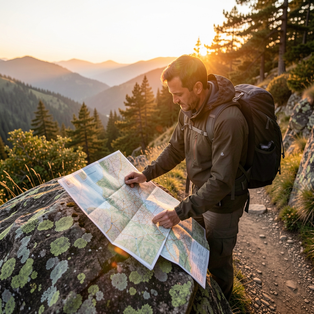 Excursionista consultando un mapa de papel desplegado sobre una roca en un sendero al atardecer