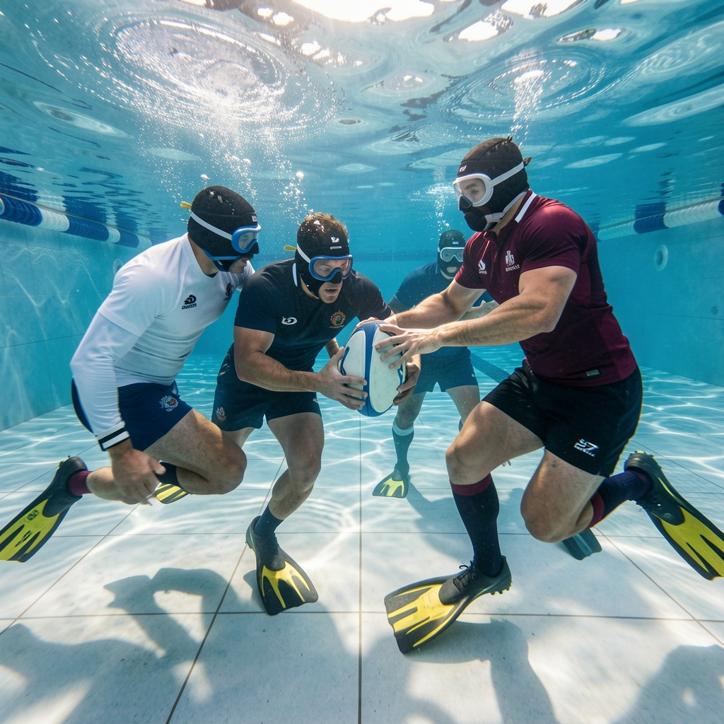 Jugadores de rugby subacuático disputando el balón en el fondo de una piscina cubierta con aletas y máscaras
