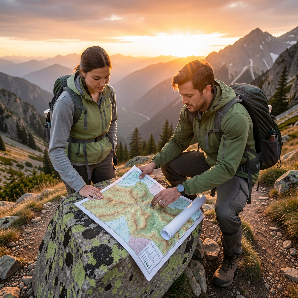 Pareja revisando un mapa topográfico desplegado sobre una roca en un sendero de montaña al atardecer