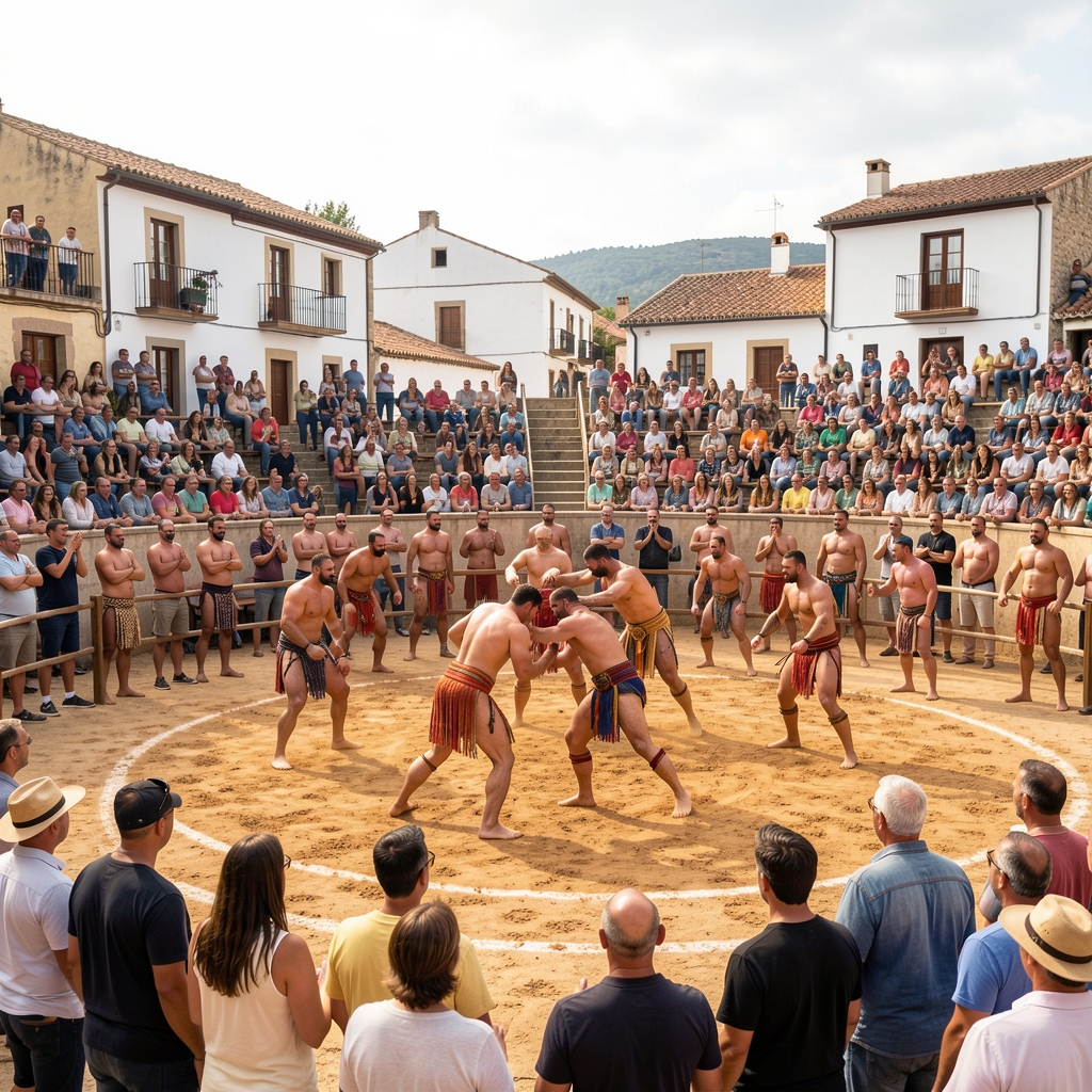 Público y luchadores reunidos en una demostración de lucha tradicional en el ruedo de arena de una plaza de pueblo