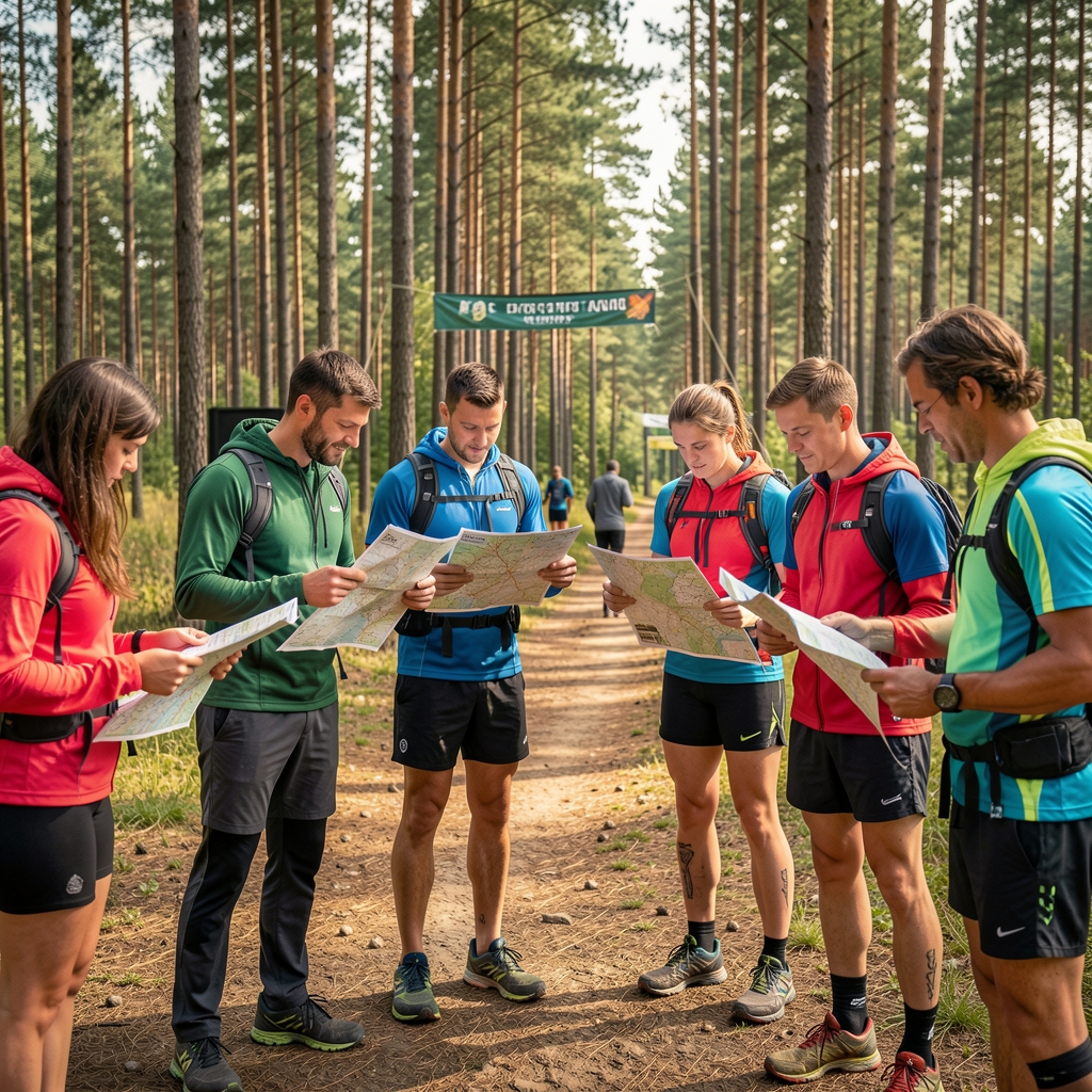 Participantes de una carrera de orientación consultando mapas en la salida junto a un bosque de pinos
