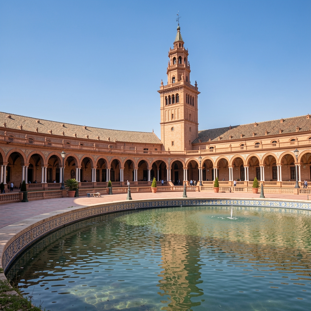 Plaza de España de Sevilla con sus arcos de ladrillo, el canal y la torre bajo un cielo azul despejado