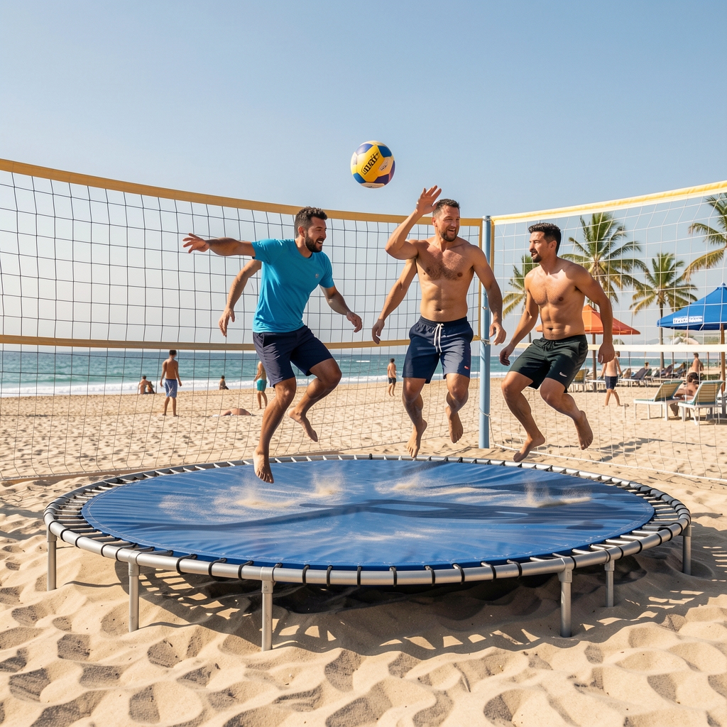 Jugadores de bossaball saltando sobre una cama elástica junto a una red en una playa de arena clara