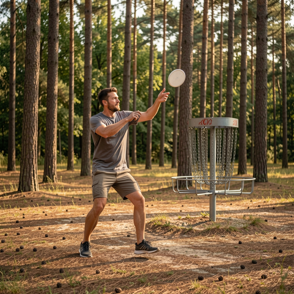 Jugador lanzando un disco en un recorrido de disc golf entre pinos con una cesta metálica al fondo