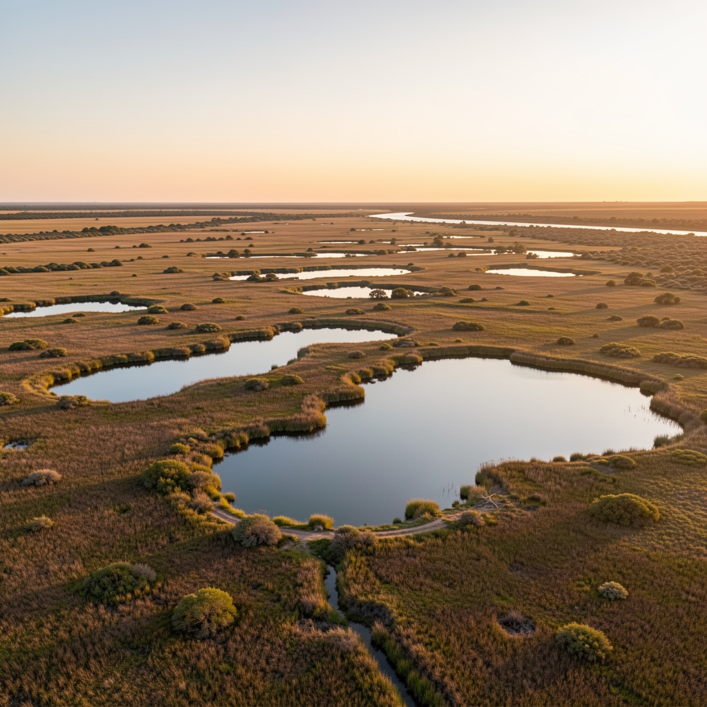Vista aérea de las marismas de Doñana con lagunas, vegetación baja y luz dorada de atardecer