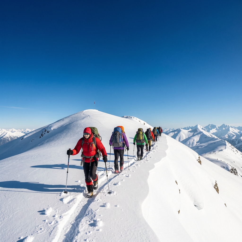 Senderistas avanzando por una cresta nevada de Sierra Nevada bajo un cielo azul intenso
