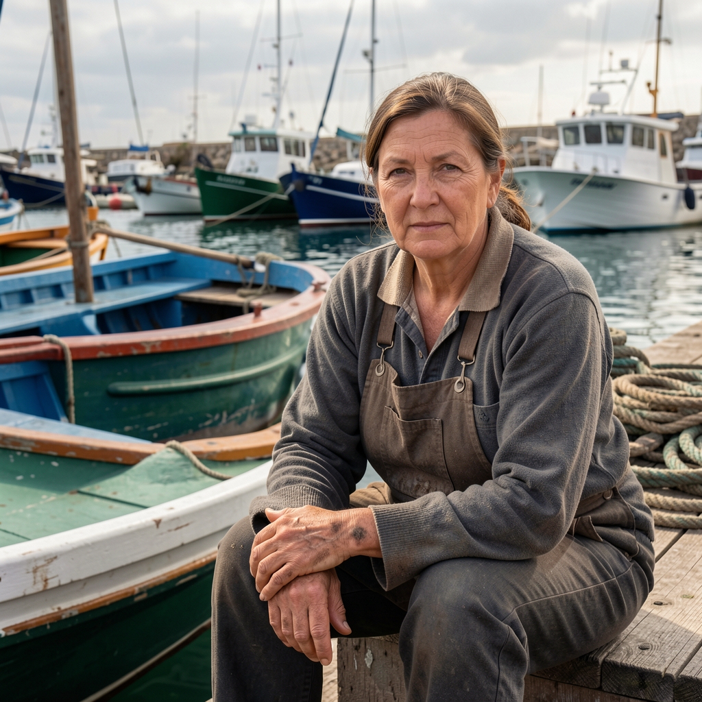 Retrato de una remera de mediana edad con las manos curtidas sentada junto a una trainera en un puerto pesquero