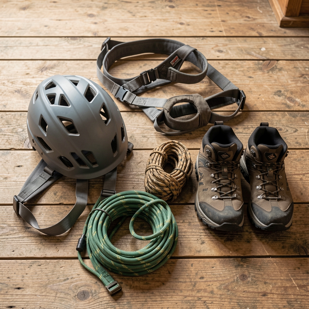 Material de montaña ordenado sobre el suelo de madera: casco, arnés, cuerda enrollada, frontal y botas de trekking