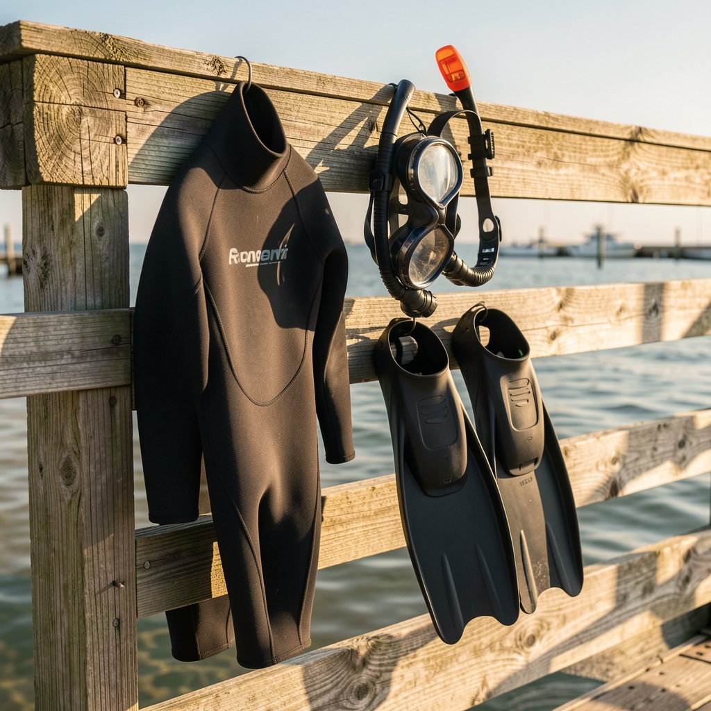 Neopreno colgado junto a gafas de buceo y aletas secándose al sol sobre un muelle de madera