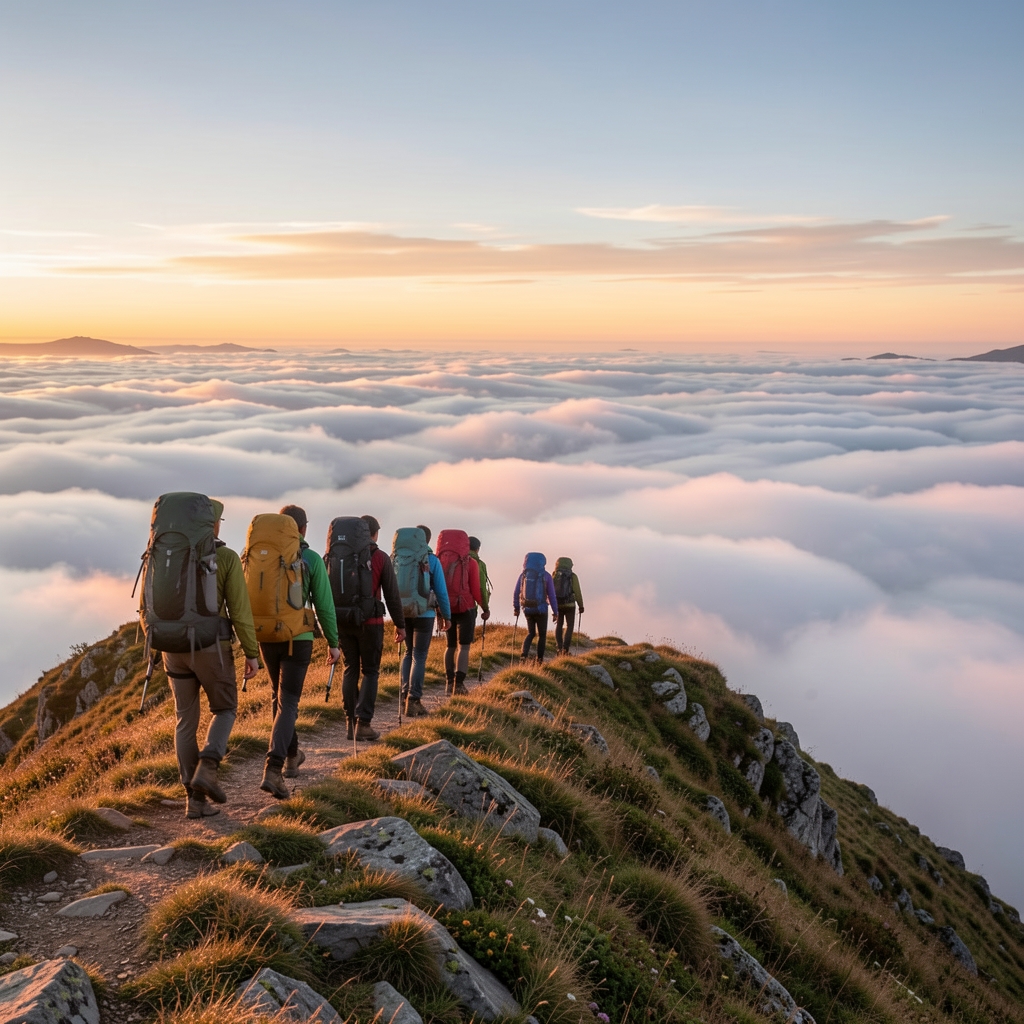 Grupo de senderistas con mochilas cruzando una cresta de montaña al amanecer con un mar de nubes a sus pies