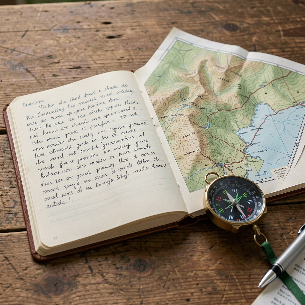 Cuaderno de campo abierto con anotaciones a mano, un mapa topográfico y una brújula sobre una mesa de madera