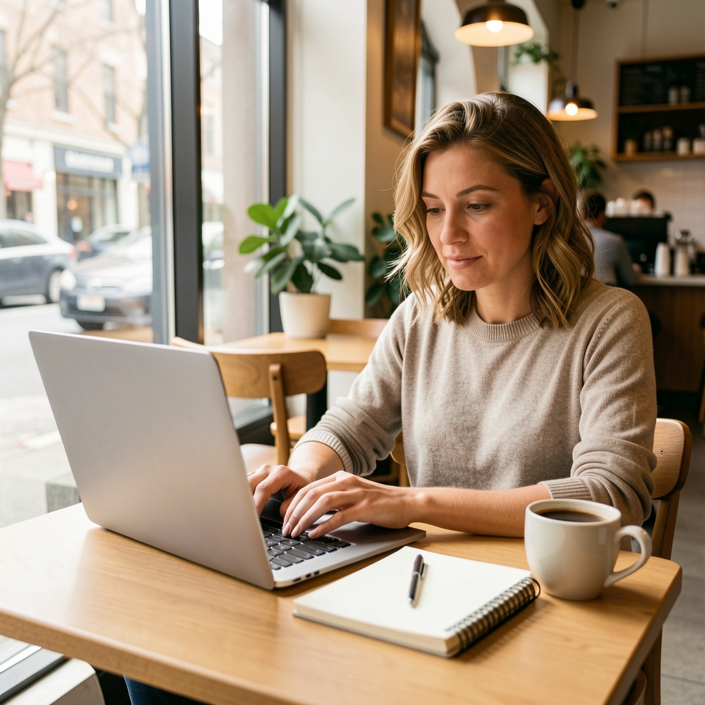 Persona leyendo en un portátil en una cafetería luminosa con una libreta de notas y una taza al lado