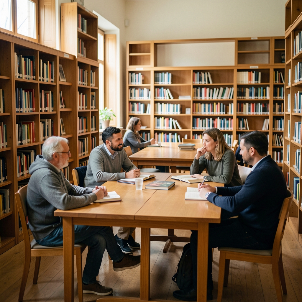 Grupo de lectores conversando en una sala de lectura de biblioteca con estanterías de madera y mesas largas