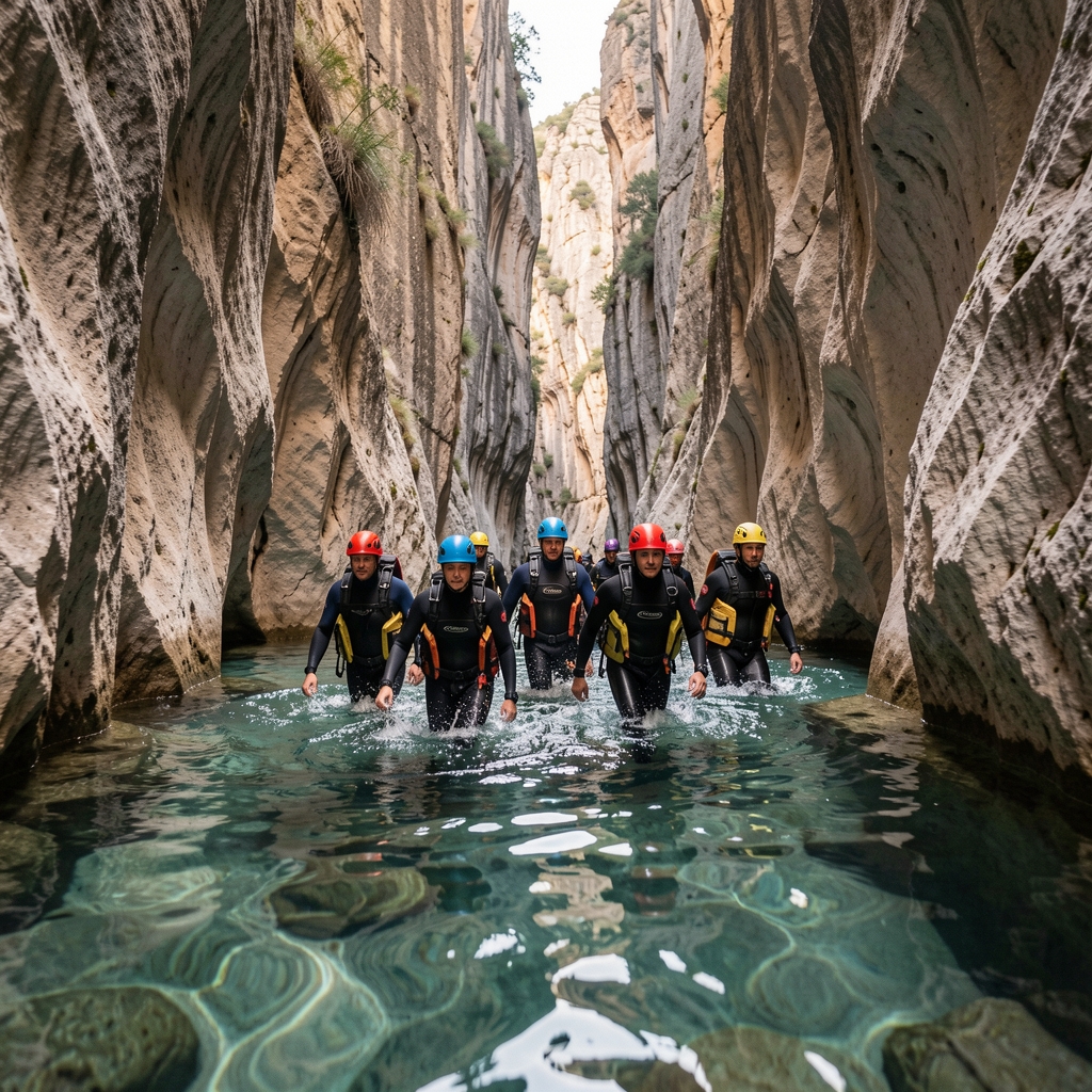 Grupo con cascos y neoprenos avanzando por un barranco estrecho de paredes calizas con agua cristalina