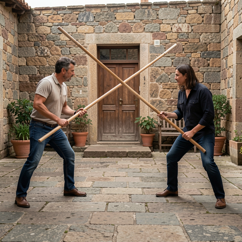 Dos practicantes del juego del palo canario enfrentados en un patio de piedra con largos palos de madera