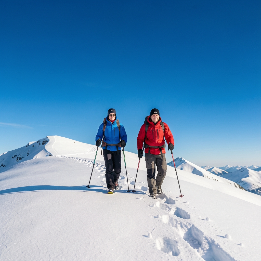 Dos personas caminando con raquetas de nieve por una cresta blanca bajo un cielo azul intenso