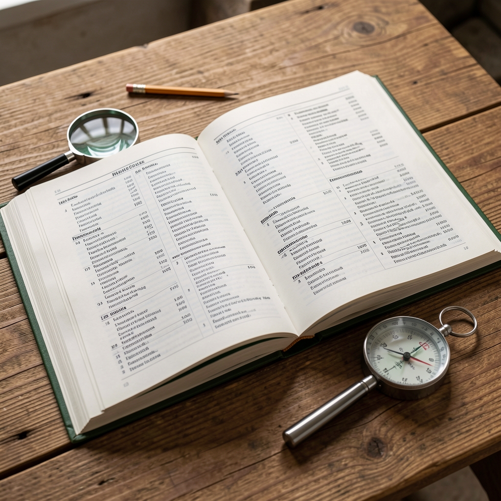 Libro abierto de vocabulario de montañismo sobre una mesa de madera con una lupa, un lápiz y una brújula