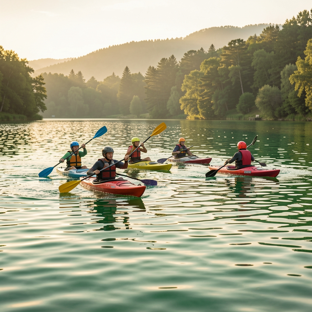 Grupo de personas practicando kayak polo con cascos y palas en un lago de aguas verdes al amanecer