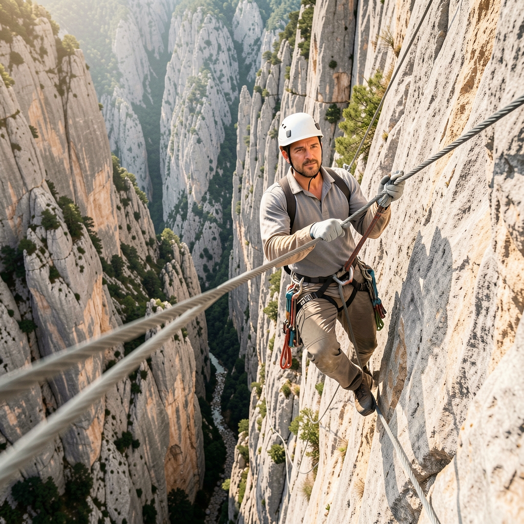 Escalador anclado a un cable de acero en una vía ferrata sobre un desfiladero de roca caliza