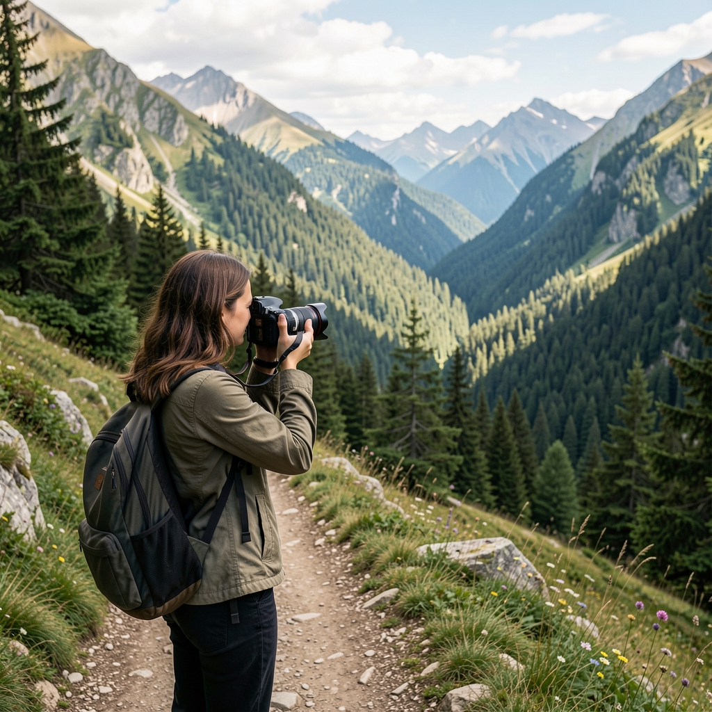 Fotógrafa con cámara réflex en un sendero de montaña, apuntando hacia un valle cubierto de bosque