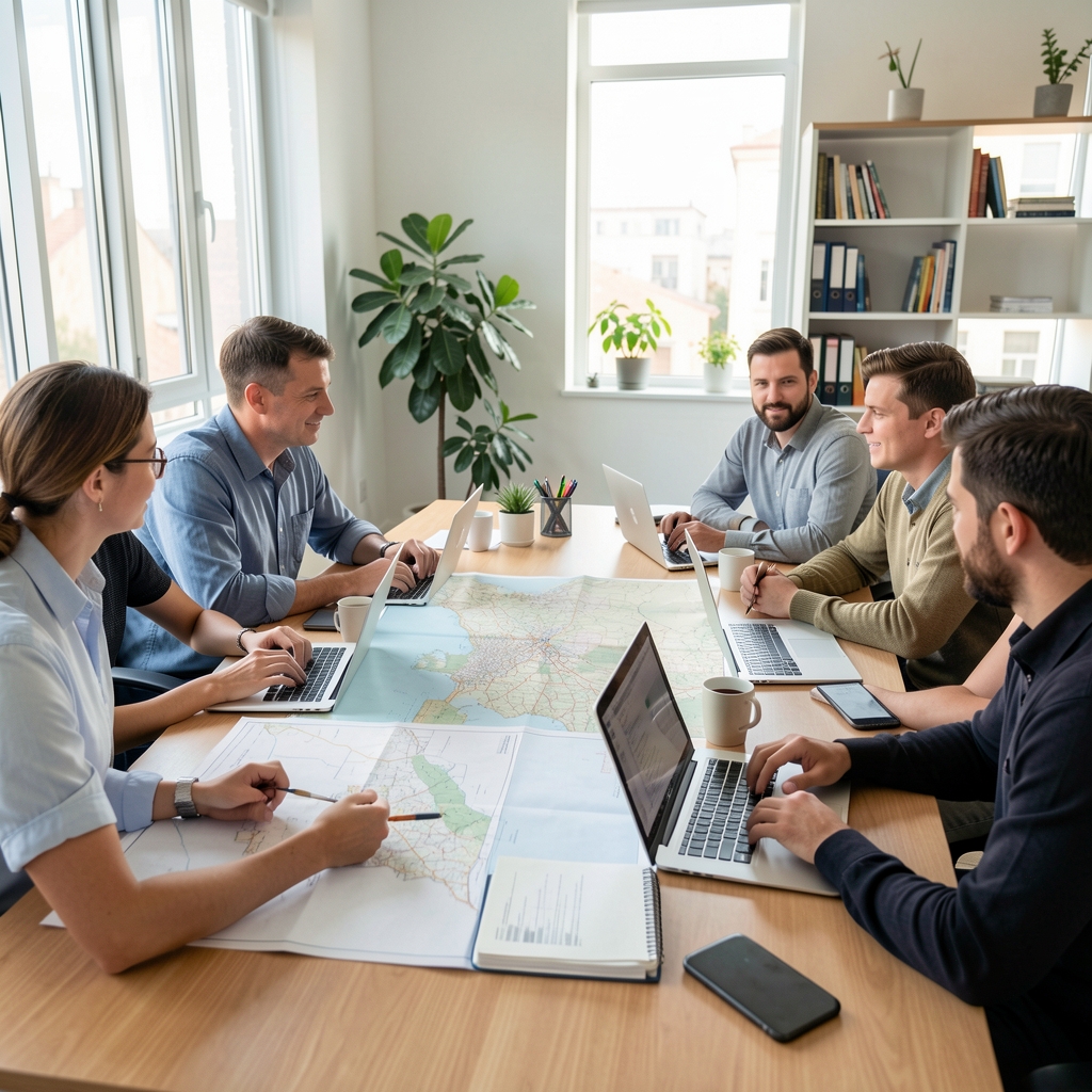 Equipo de redacción reunido alrededor de una mesa con mapas desplegados y portátiles en una oficina luminosa