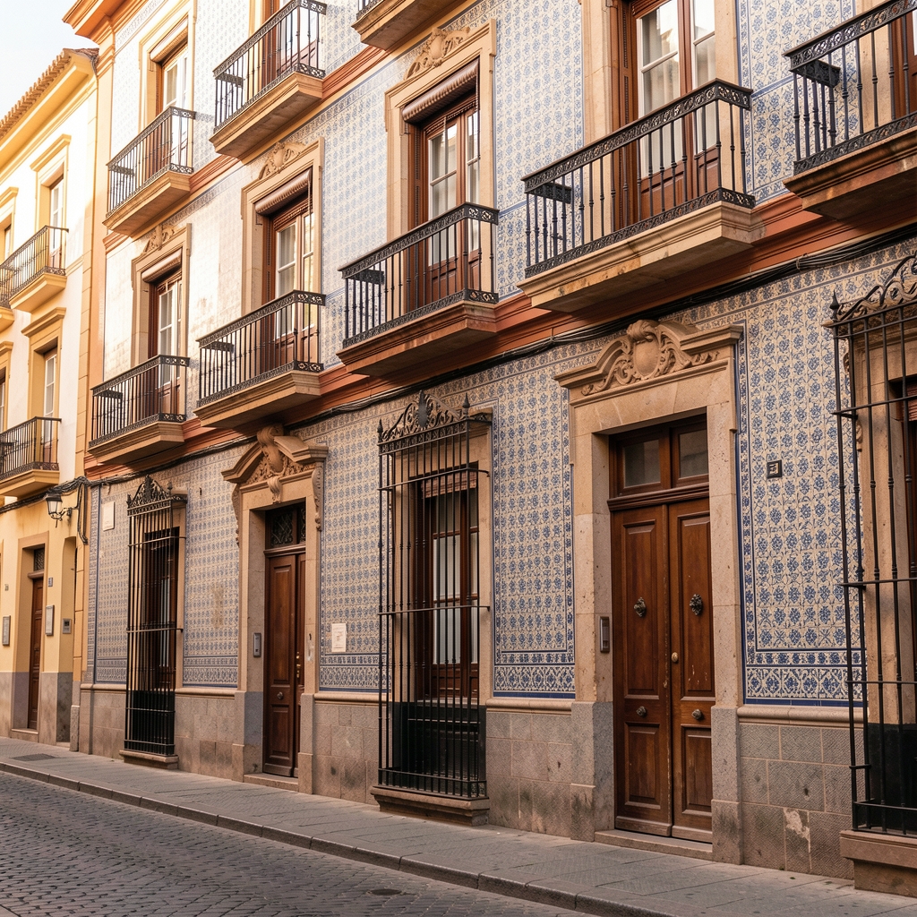 Fachada de un edificio con azulejos y balcones de hierro forjado en una calle del casco antiguo de Sevilla