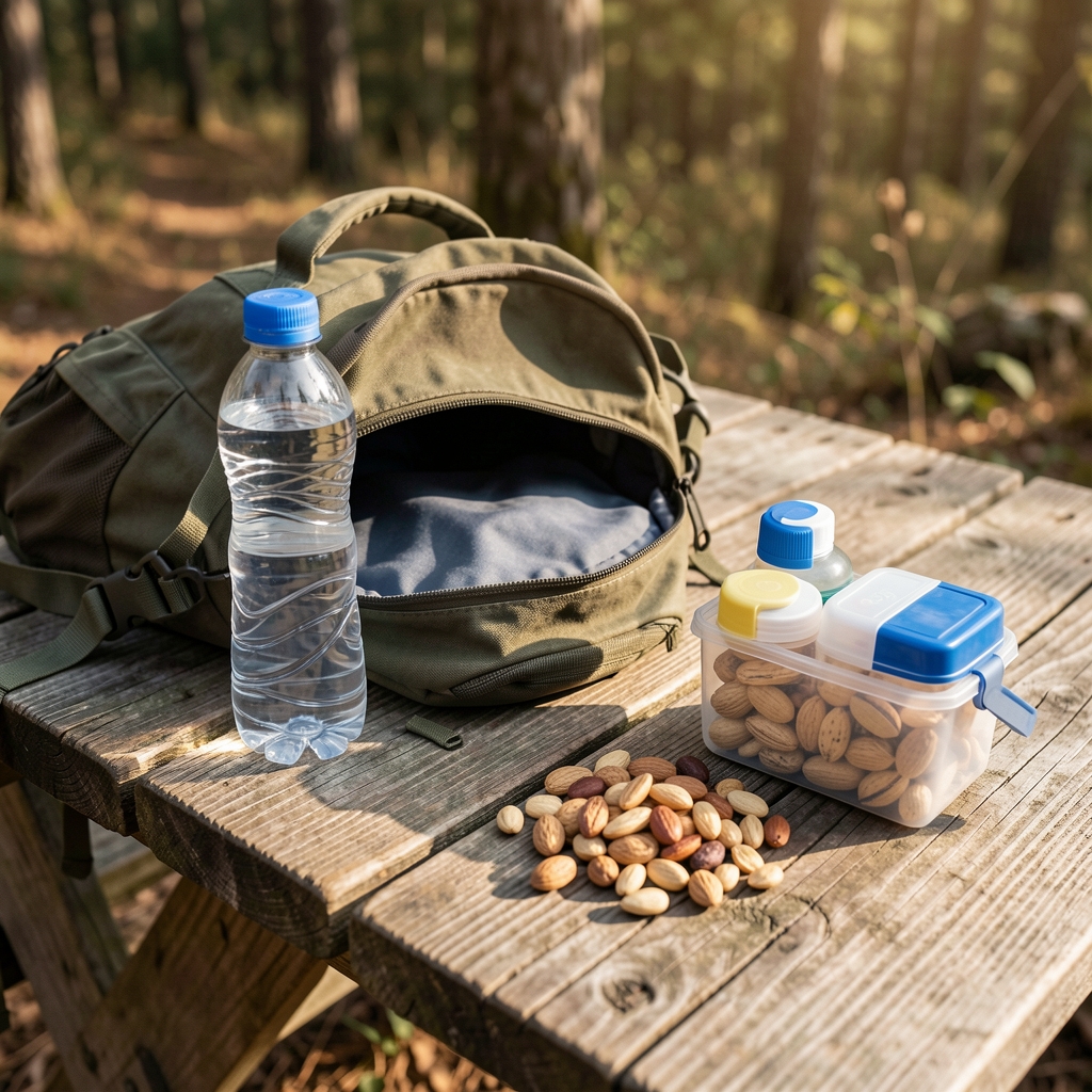 Mesa de madera con una mochila abierta, una botella de agua, frutos secos y un botiquín preparados para una salida