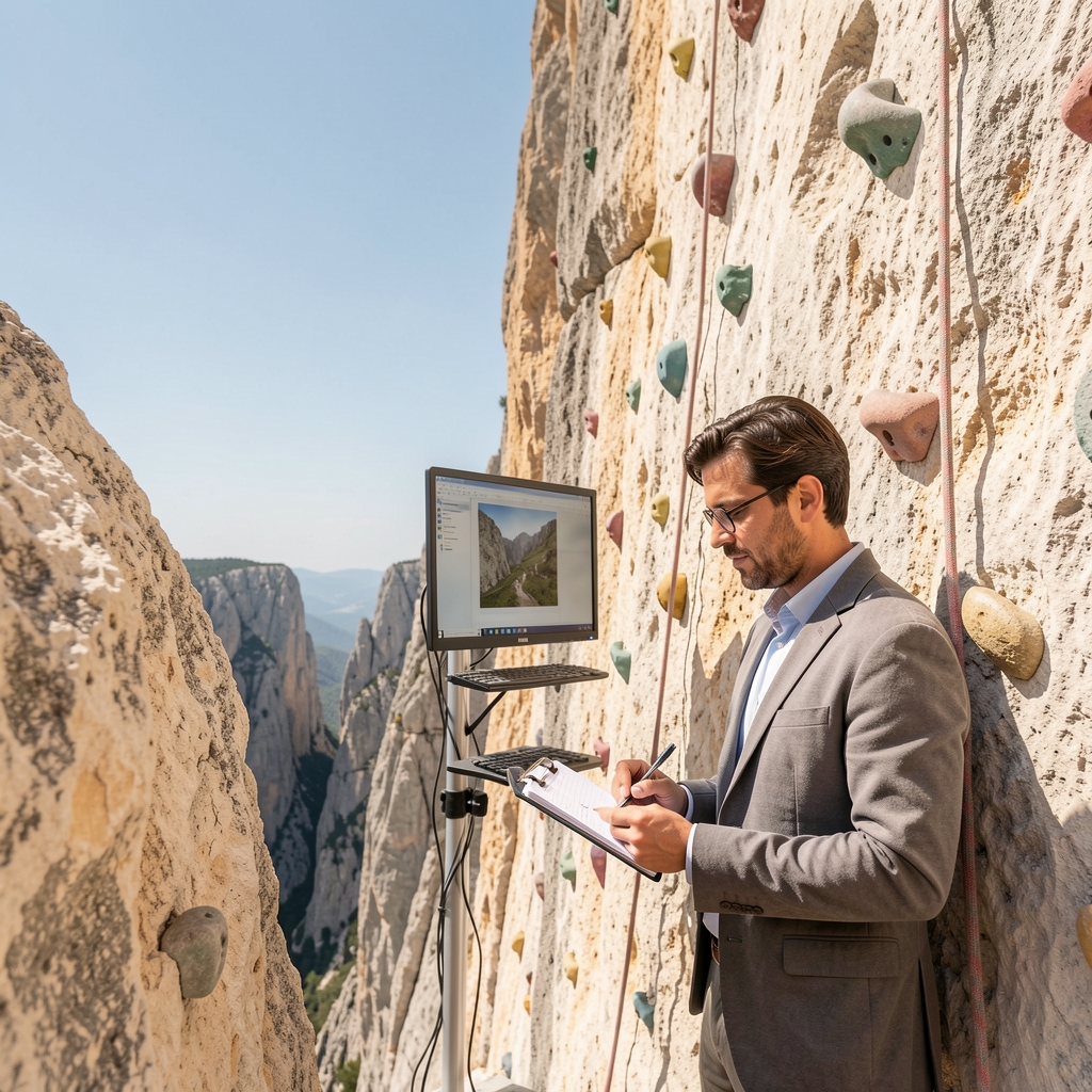 Periodista tomando notas junto a un monitor de escalada en una pared de roca caliza bajo cielo despejado