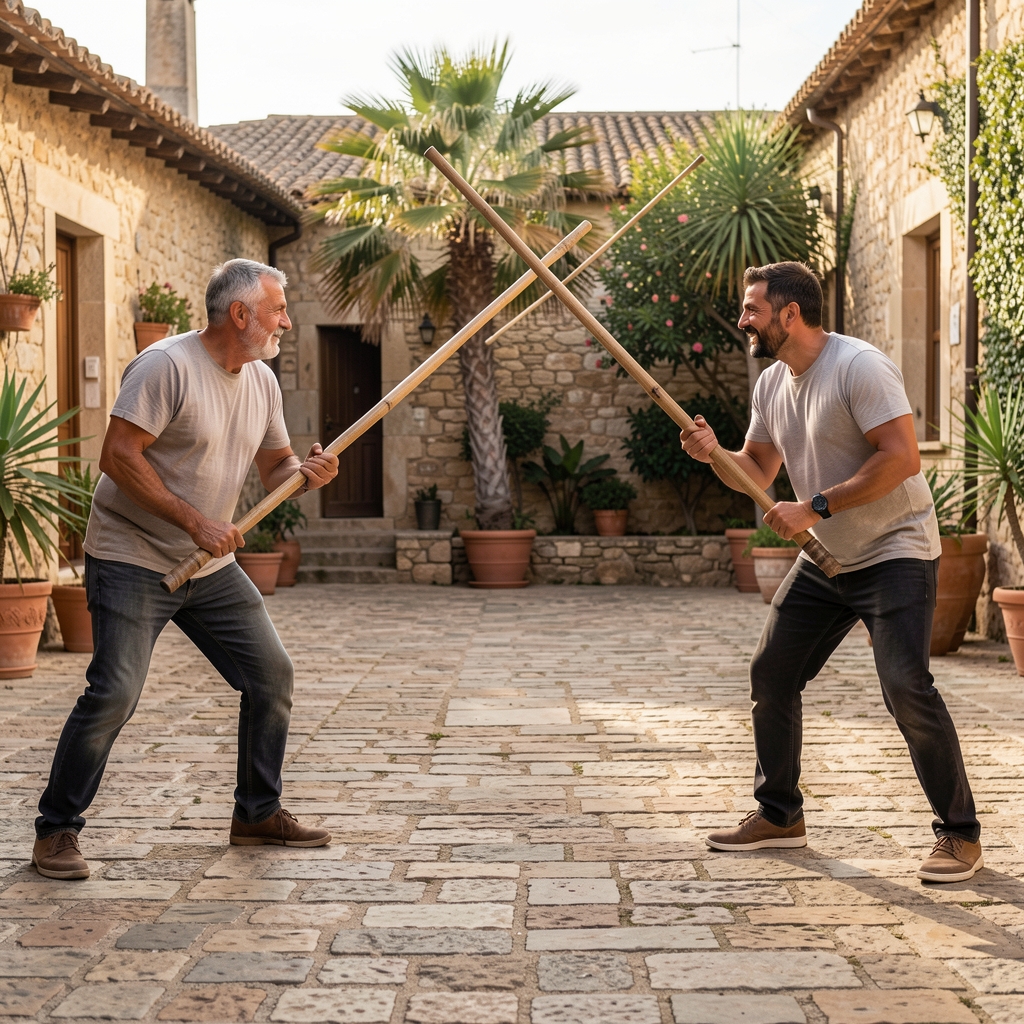 Dos practicantes de juego del palo canario enfrentados con largos palos de madera en un patio empedrado